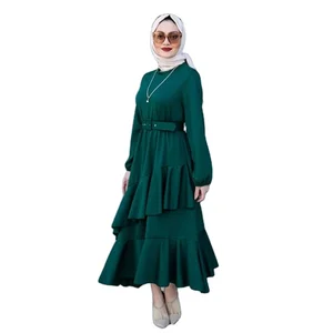 Wholesale Middle Eastern Muslim Women Robe Double Layer Ruffled Tunic Long Sleeve Dress