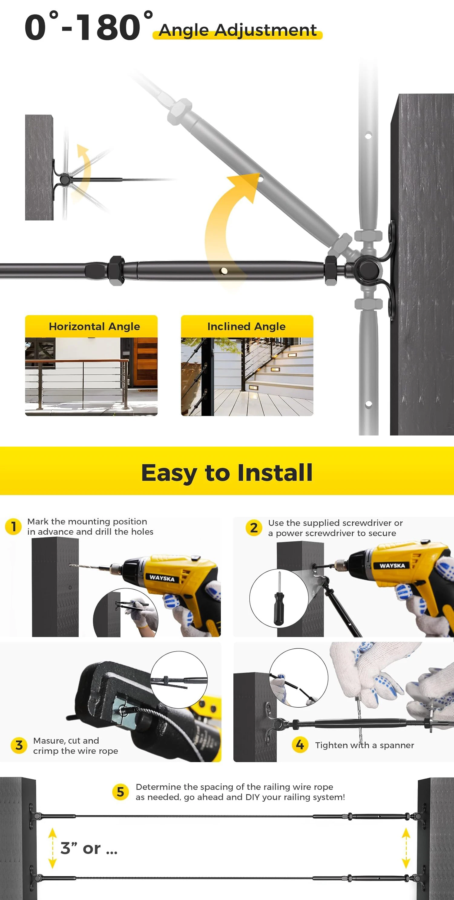 Heavy-Duty Adjustable Swage Toggle with 0-180 Degree Adjustment for Cable Railing and Rigging Hardware