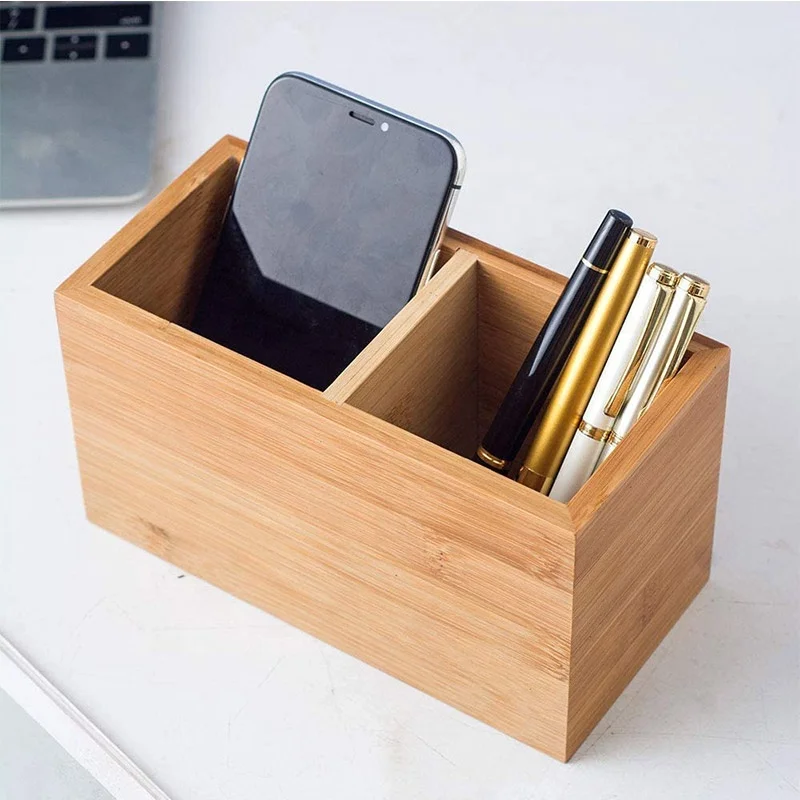 Бамбуковый держатель для ручек, деревянный подстаканник для карандашей, настольный милый многофункциональный держатель с дистанционным управлением и 2 ячейками (бамбук)