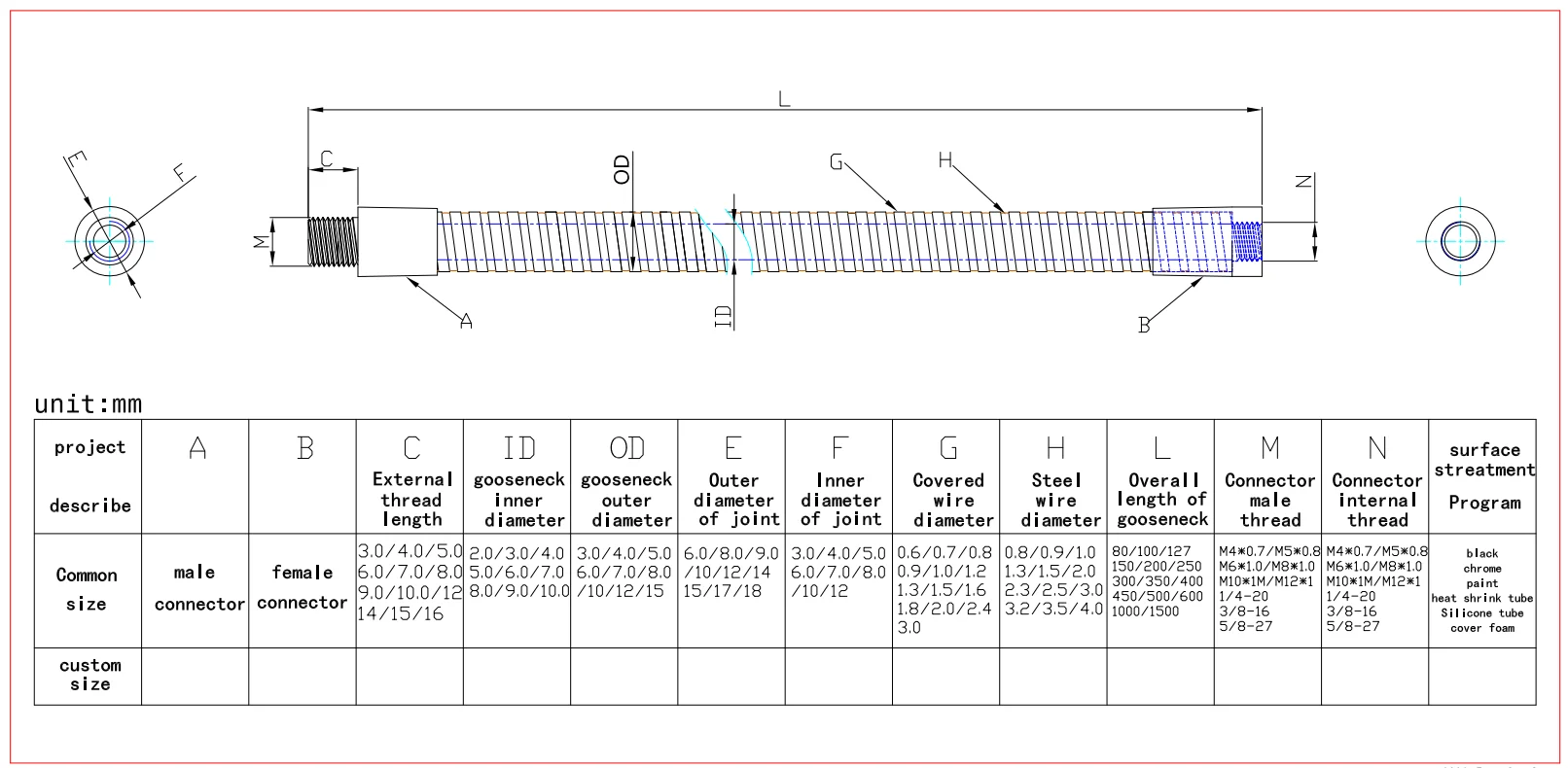 Factory  Gooseneck Customize All Sizes Flexible Metal Gooseneck Tube Microphone Stand Gooseneck LED Lamp Hose Snake Tube