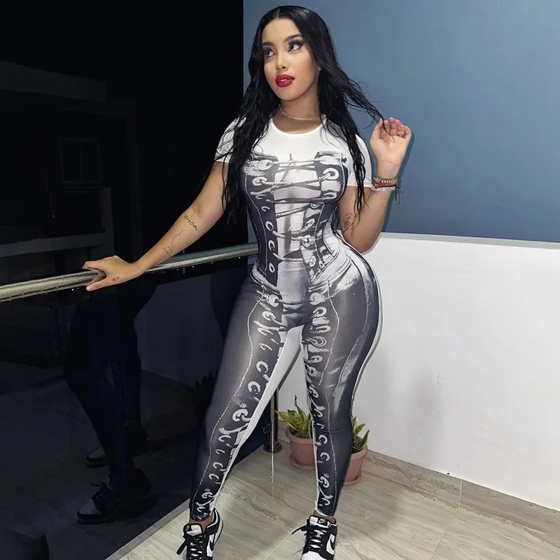 OJW060 Summer Fashionable 3D Printed Jumpsuit - Skin Tight