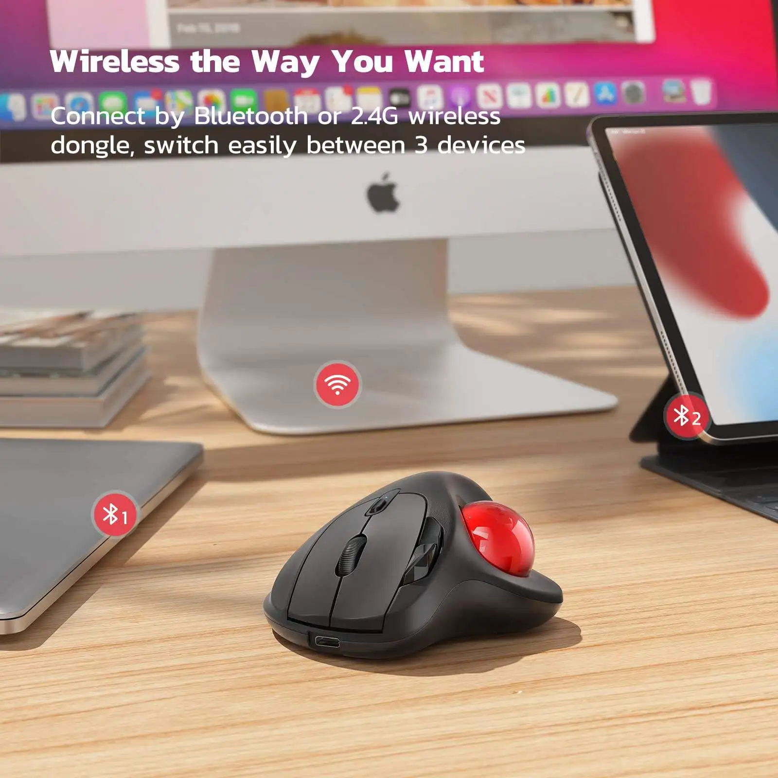 Souris trackball mini sans fil pour droitier, rechargeable, ergonomique, facile à contrôler avec le pouce, suivi optique précis et fluide, lecteur d'empreintes digitales