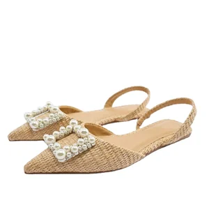 Custom Pointed Head Pearl Designer Shoes Sandals for Women and Ladies Flat Shoes Luxury slippers Femmes Fashion