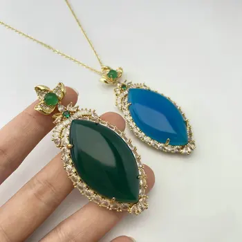 Precious Stone Blue Green Chalcedony Pendants Luxurious Gold Plated Copper Pendants Full Of Zircon