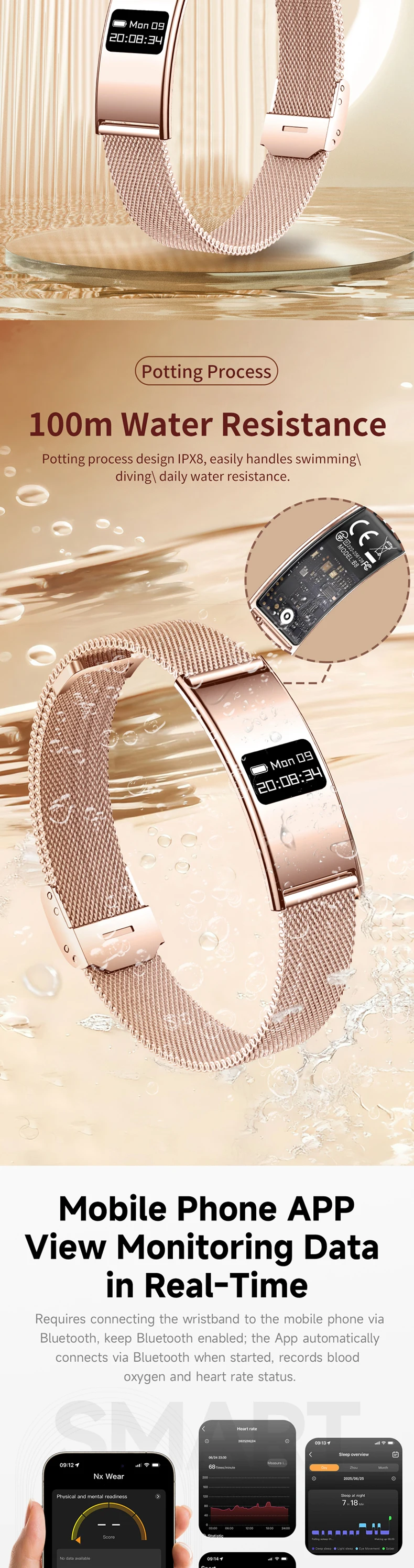 product wholese price b8 smart bracelet fashion jewelry nx wear app control heart rate blood oxygen sleep android watch for women-5