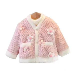 Customizable Winter New Design Cute Girls Coats Flare Thick Velvet Wool Sweater Warm Kids Outwears