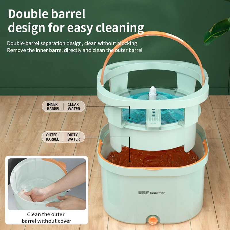 Homettler Mops Microfiber Spin Mop and Bucket Floor Cleaning System Floor Mop Stainless Steel Mop Handle with 2Pcs Pads