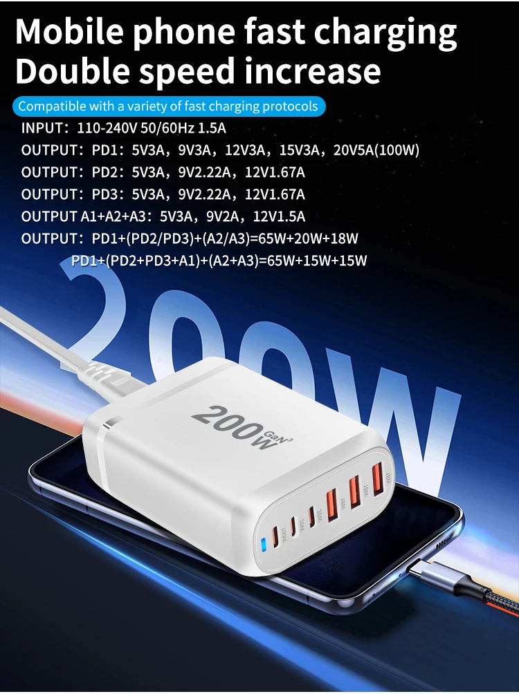 200W USB C充电器C型PD 100W GaN快速充电多6端口台式机充电器站,适用于iPhone iPad平板电脑和笔记本电脑