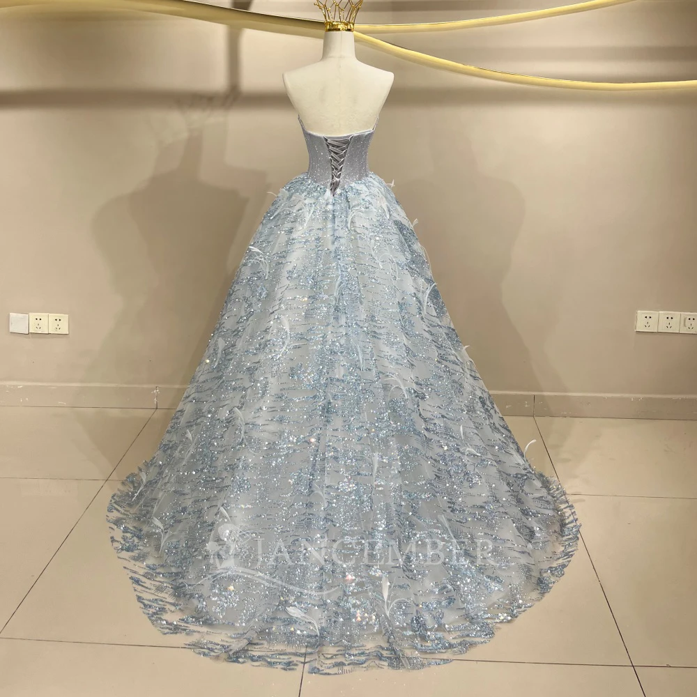 Jfh97 Luxury Ice Blue Glitter Wedding Dress Custom Beaded Corset Princess Bridal Ball Gown With Feather Train Jancember