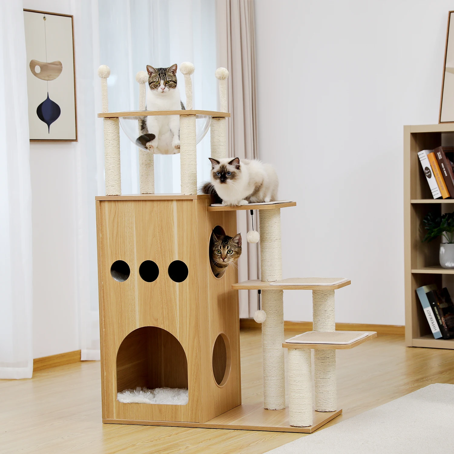 Cute Solid Wood Cat Tree Natural Branch Modern Flower Cat Tower With Sisal Scratching Posts