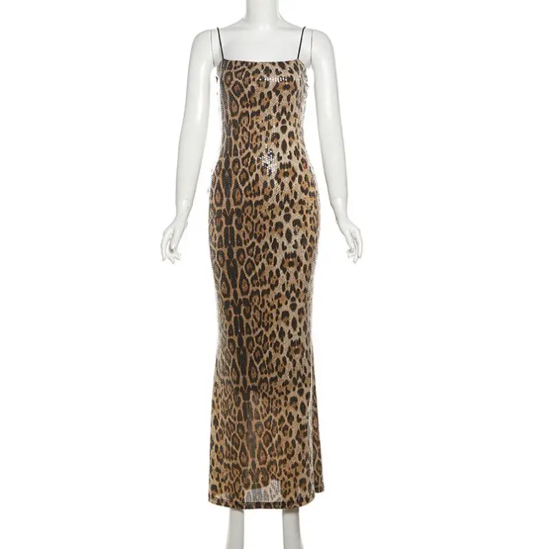 Wholesale Women Clothes Sleeveless Party Club Leopard Shiny Cheetah Maxi Evening Dress