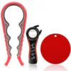 Red and gray bottle opener, black and red can opener, red pad