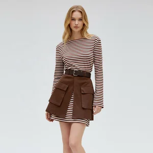 Women's Korean Autumn Casual Sets One-shoulder Top and High Waist Striped Woven Regular Fit Skirts Suit Wholesale