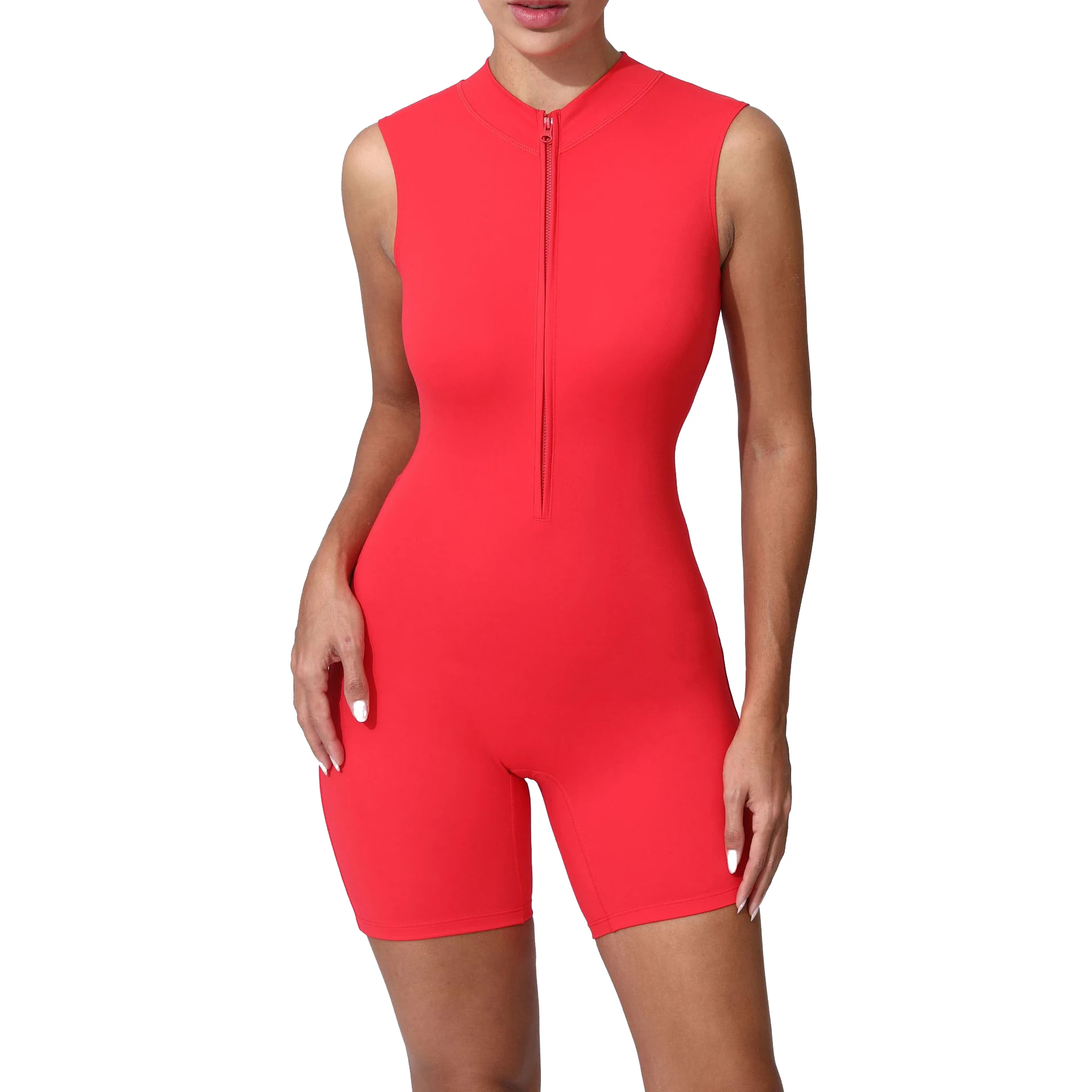 Women's Compression Sleeveless Fitness Bodysuit Short Length Soft Stretchy Front Zipper Sports Jumpsuit