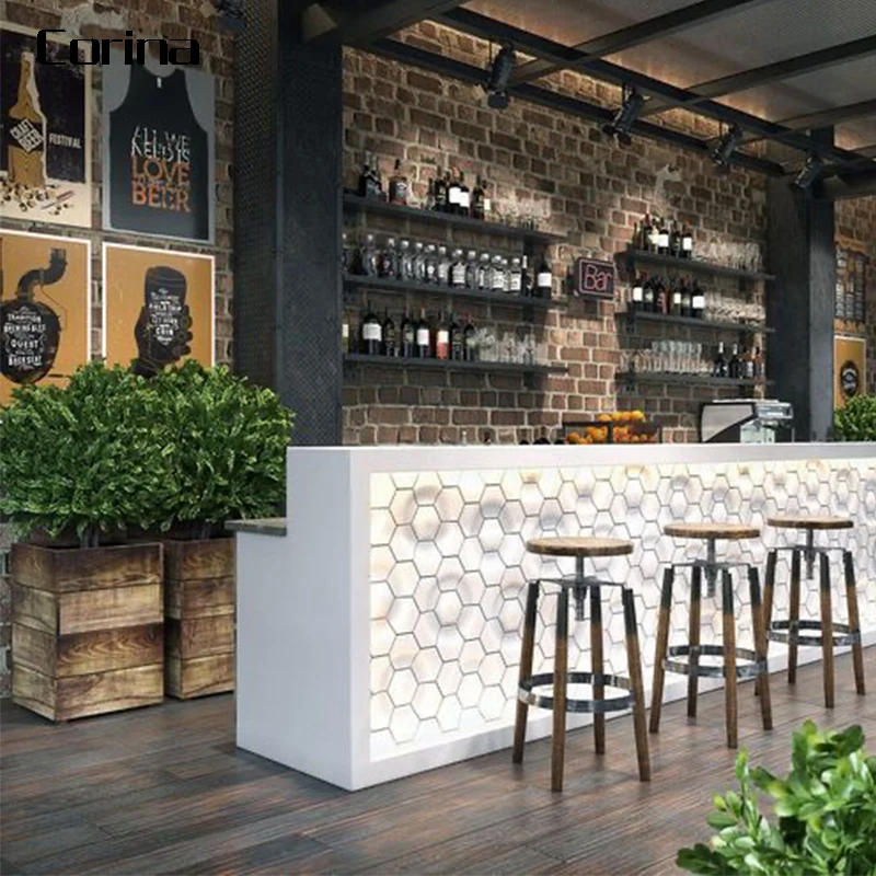 Display Cabinets Bar Counter Ready Made Fancy LED White Marble Top Modern Restaurant Bar Counter