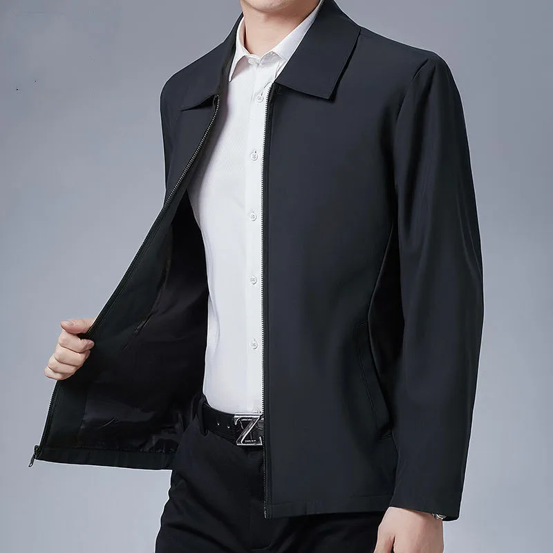 Spring Men Smart Casual Jackets Black Navy Blue Turn Down Collar Zipper Front Lightweight Coat Male Business Out fits_voghion.com
