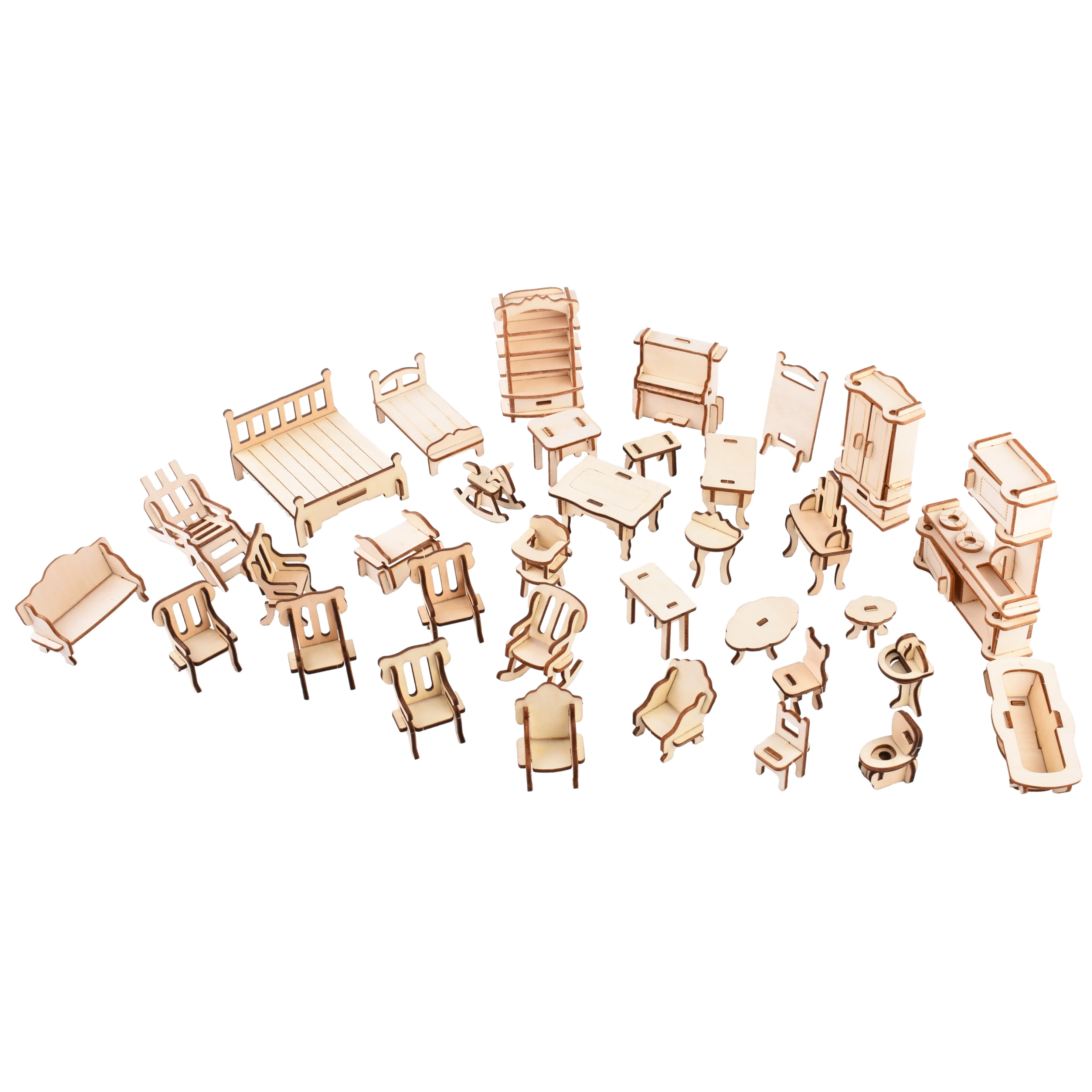 Wooden Mini Furniture Puzzle 34 pieces of furniture for Dollhouse
