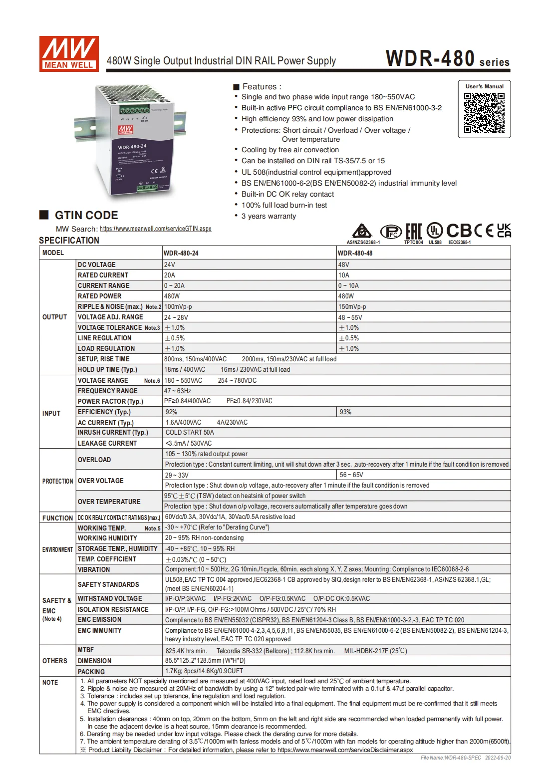 Meanwell WDR-480 series 480W Ultra Wide Input Industrial DIN Rail Power Supply WDR-480-24