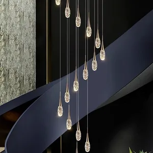 Remote Control Modern Nordic Crystal Pendant Light Adjustable Long Chandelier for Staircase High Ceiling