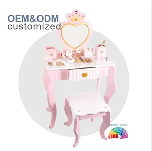 EDULAND Assembled Modern Kids Dressing Table Room Furniture Makeup Vanity Table Set with Mirror Wooden Kids Vanity Table Set
