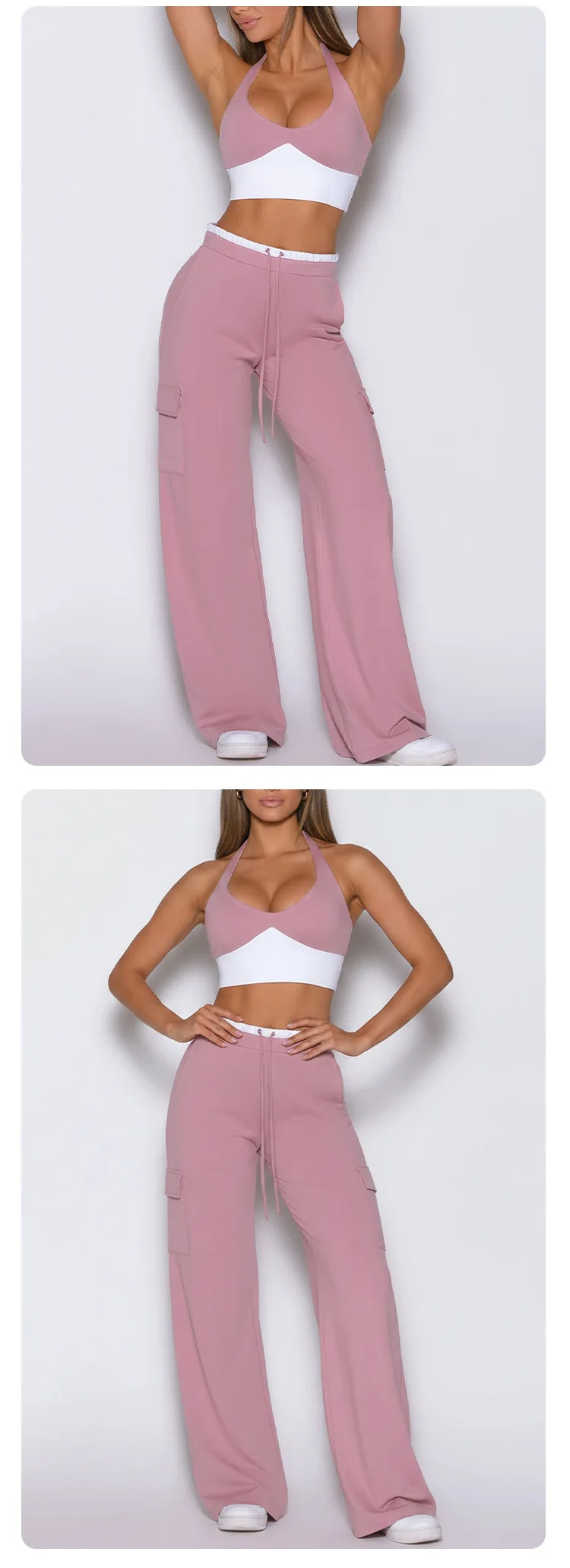 Women's Halter Yoga Set Backless Sports Bra Wide Leg Cargo Pants Two Piece Activewear — detail