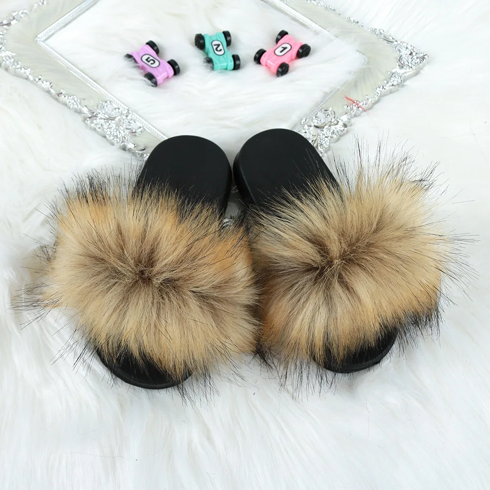 Custom Designer Baby Black Fluffy Fox Fur Slides Kids Logo Custom Real Fur Slides