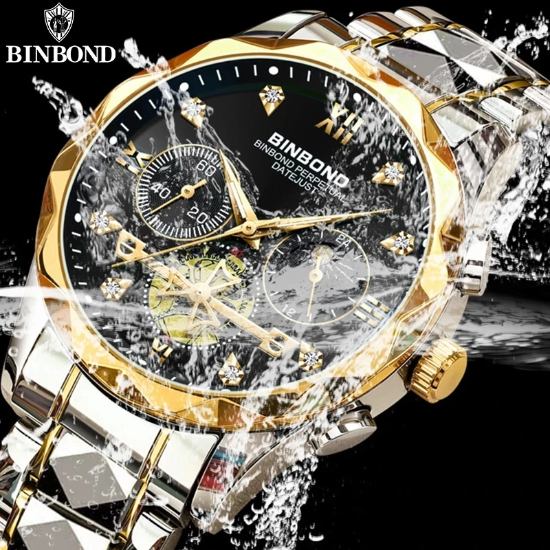 Orologio Uomo OLEVS Cronografo Lusso - Cinturino Acciaio Oro E Argento - Quadrante Nero Con Data E Fasi Lunari - Regalo Uomo
