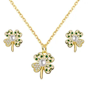 Fine Designer Jewelry Four Leaf Clover Pearl Jewellery 925 Sterling Silver Clover Necklace Stud Earrings Jewelry Set for Women