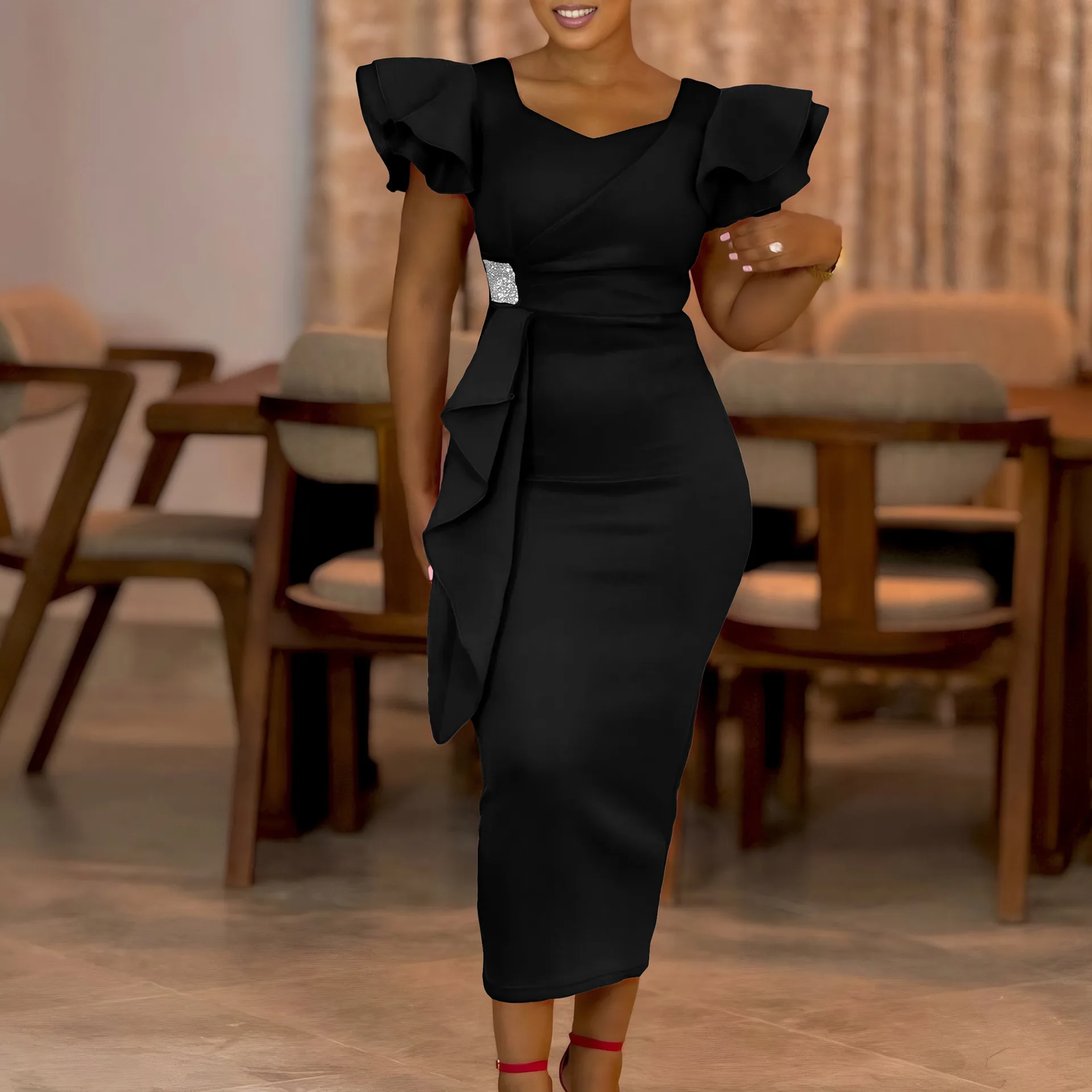 C250921 High-Quality Midi Dress Woman Robe Long Sleeve Slim Fit Bodycon 2025