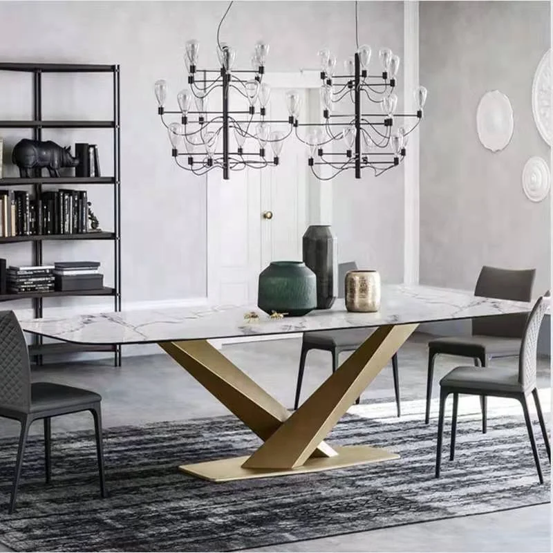 Luxury Dining Table Rectangular Shape Sintered Stone Marble Top Gold Stain Steel Stand Unique Design Restaurant Table