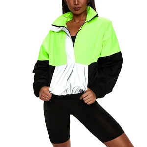 New Arrival Neon Green Color Block Reflective Wind Breaker Track Jacket Women Running Bomber Jacket