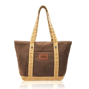 Custom Logo Large Reusable Vintage Plain Heavy Duty Shoulder Beach Shopping Waxed Canvas Letter Pattern Tote Bag