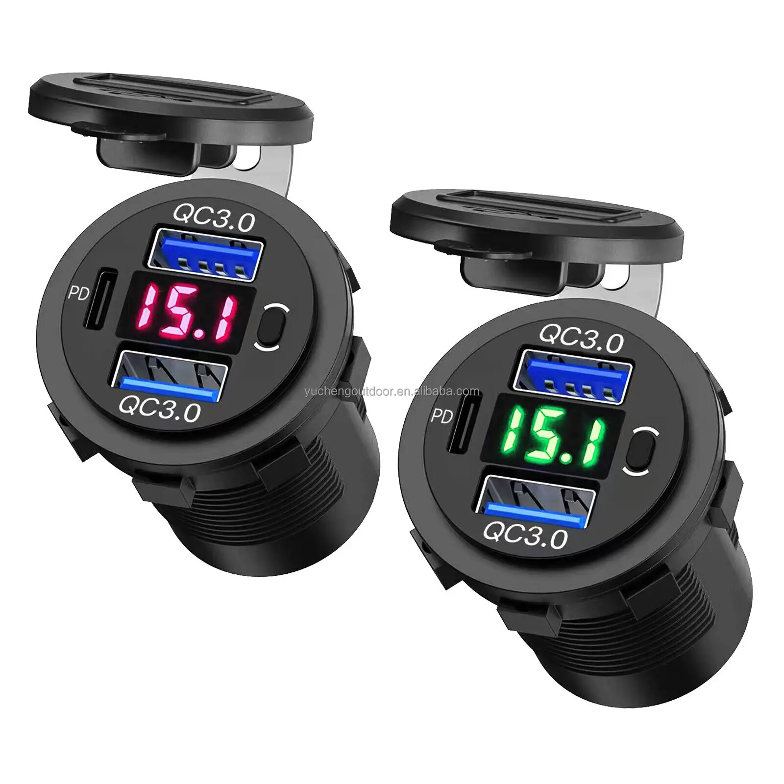 12V USB Outlet Qidoe USB C Car Charger Socket Dual PD 20W and 18W QC3.0 Port USB Car Socket with Voltmeter Button Switch