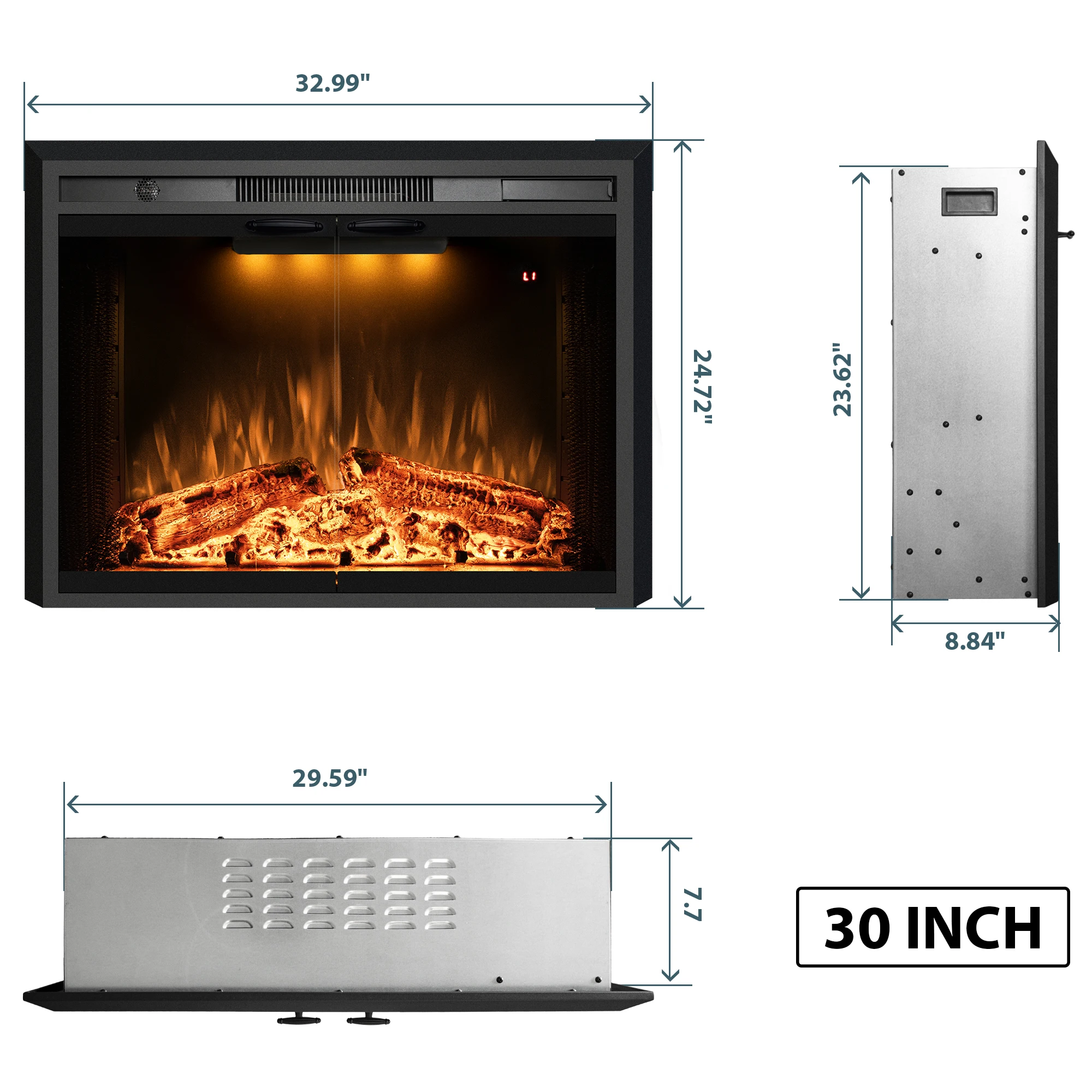 Luxstar 33 Inches Electric Fireplace Heater Inserts with Glass Door Mesh Screen Fire Crackling Sounds Decorative