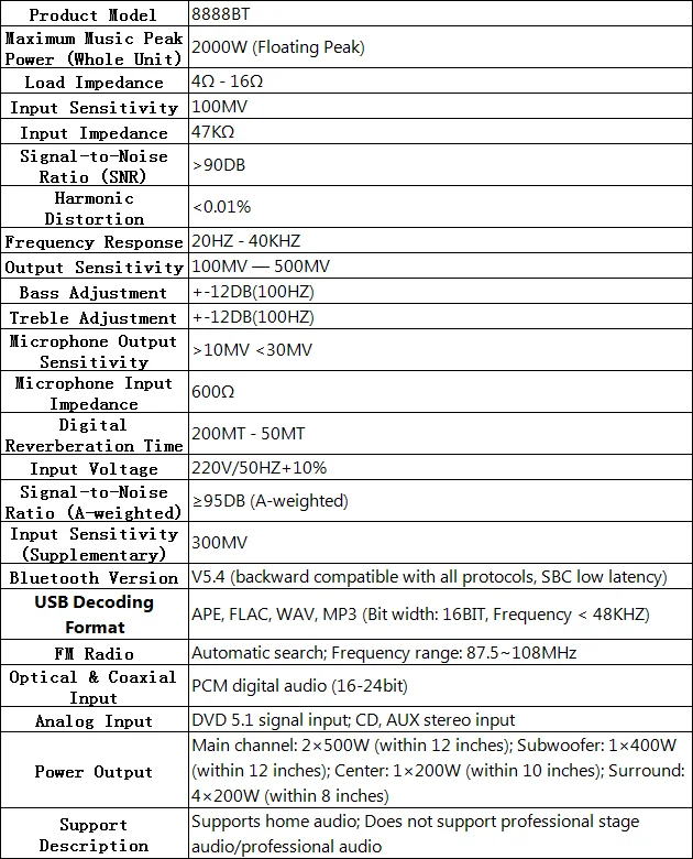 AV-8888BT Professional 7.1 Channel 2000W Ultra-High Power Home Theater Amplifier BT Wireless Home KTV Surround Sound System