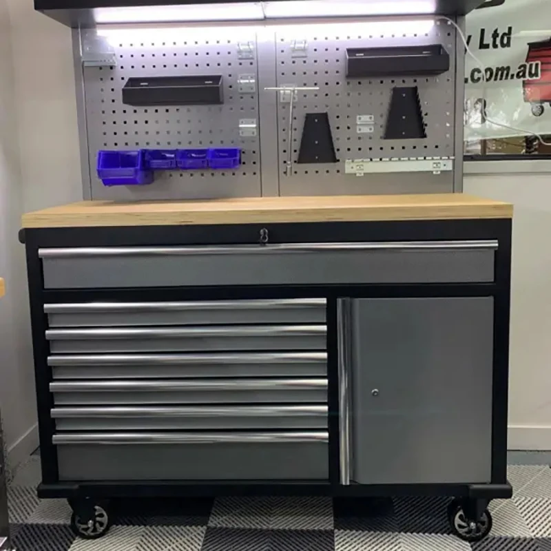 New Design Professional Garage Cabinet Garage Storage Workbench with Stainless Wood Top supplier
