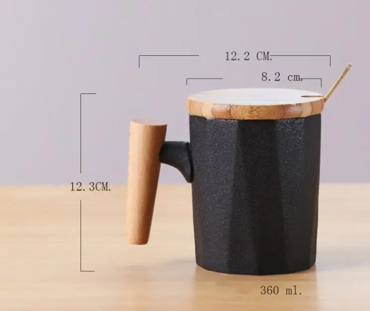 Wholesale Nordic Creative Glazed Ceramic Wood Handle Mug Milk Coffee Mug with Spoon and Bamboo Lid