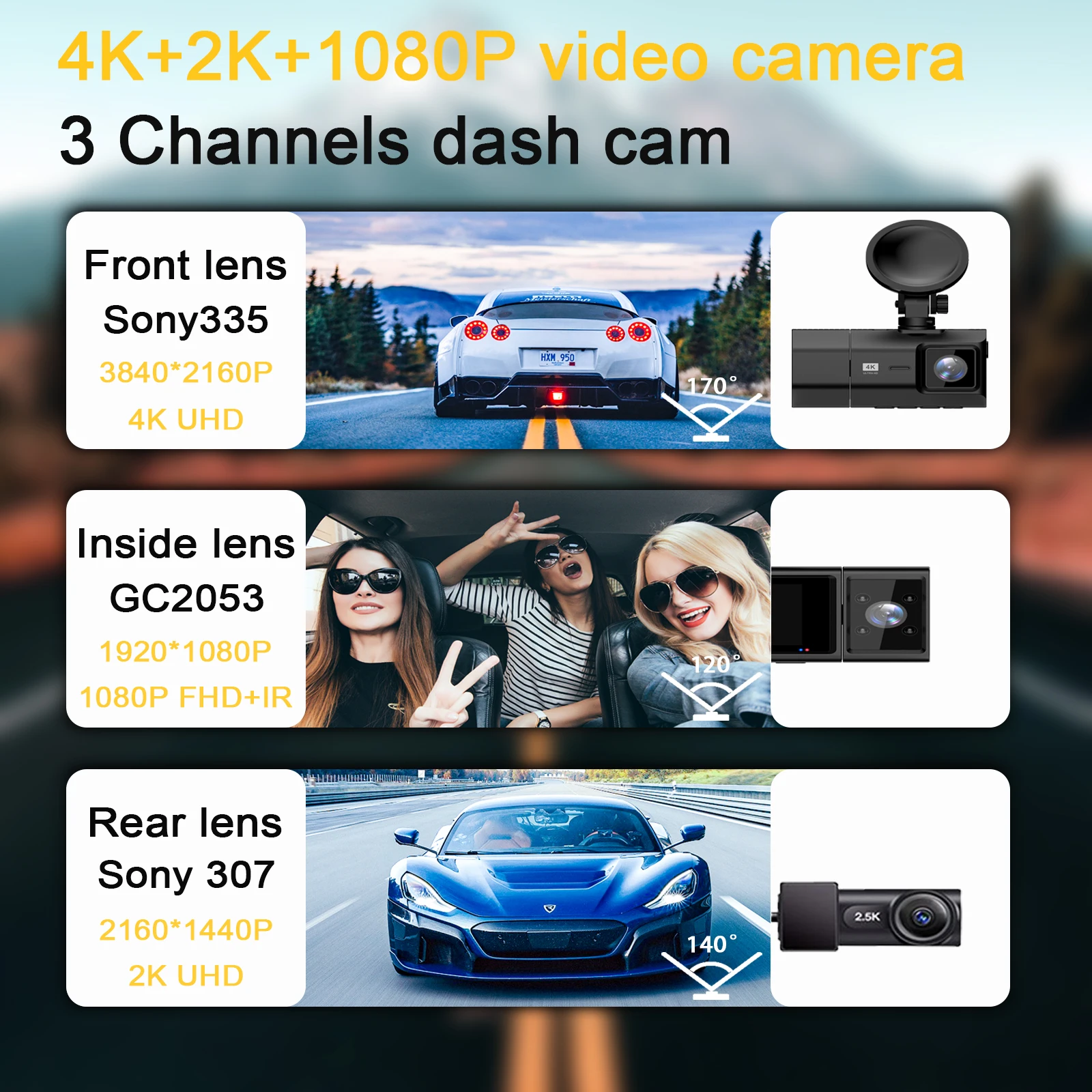 M600 3 Channel Dash Camera Dashcam 4K Mini Car Dvr 3 Channel 3 Way Dash Cam Wifi Gps Front and Rear Inside 3 Lens 4k Dashcam