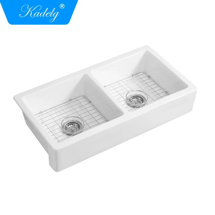 CUPC double bowl drop-in mounting White Apron Front Ceramic Kitchen SInk