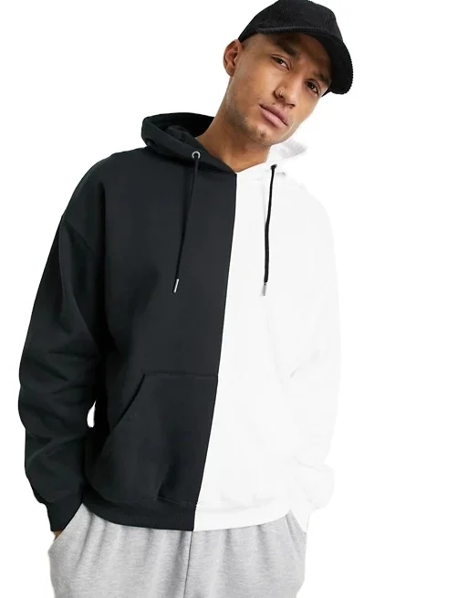 Half & Half Color Block Pullover Hoodie With Pouch Pocket, Eco