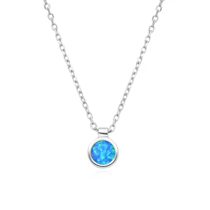 925 Sterling Silver Blue Opal Round Shaped Inlay Fine Pendant Dainty Necklace