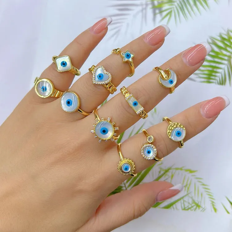 RM1369 18k Gold Mother of Pearl MOP Cubic Zirconia CZ Evil Eyes Ring, Greek  Jewelry, Nazar Anillo Ojo Turco Mal De Ojo Rings