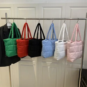 Custom Logo Luxury Women's Quilted Puffer Padded Handbags Nylon Waterproof Resistant Top Handle Trap Tote Shopping Bags