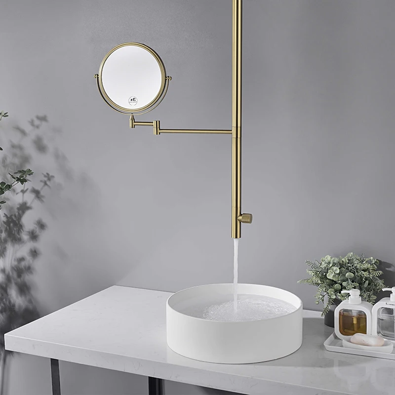 Brushed Gold Brass Modern Single Straight Tube Rotary Model Wall Mounted Water Drop Taps Mixer Ceiling Basin Faucet Mirror