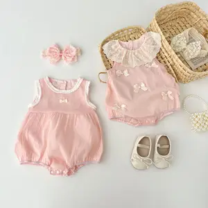 Sweet Princess Style Floral Doll Collar Jumpsuit Summer Thin Cotton Newborn Baby Clothes with Plaid Pattern Button Closure