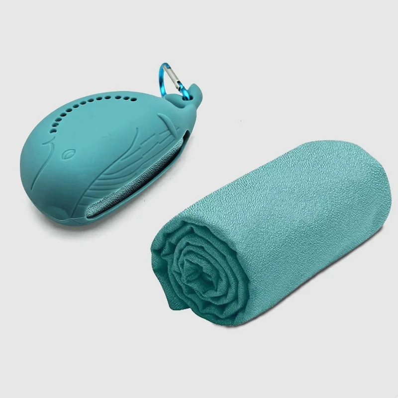 Blue 2-PCS Smart Whale Silicone Case Quick-Dry Towel Set - Portable & Cooling for Gym & Travel