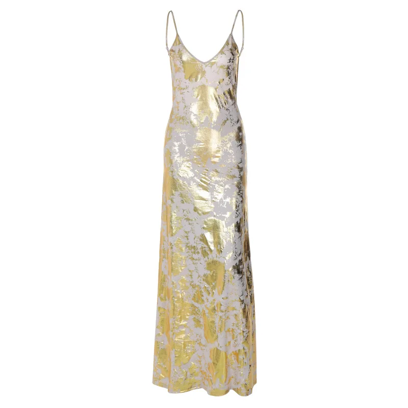 Summer Clothes for Women American Clothing 2024 Gold Foil Print Spaghetti  Strap Maxi Dress Ladies| Alibaba.com