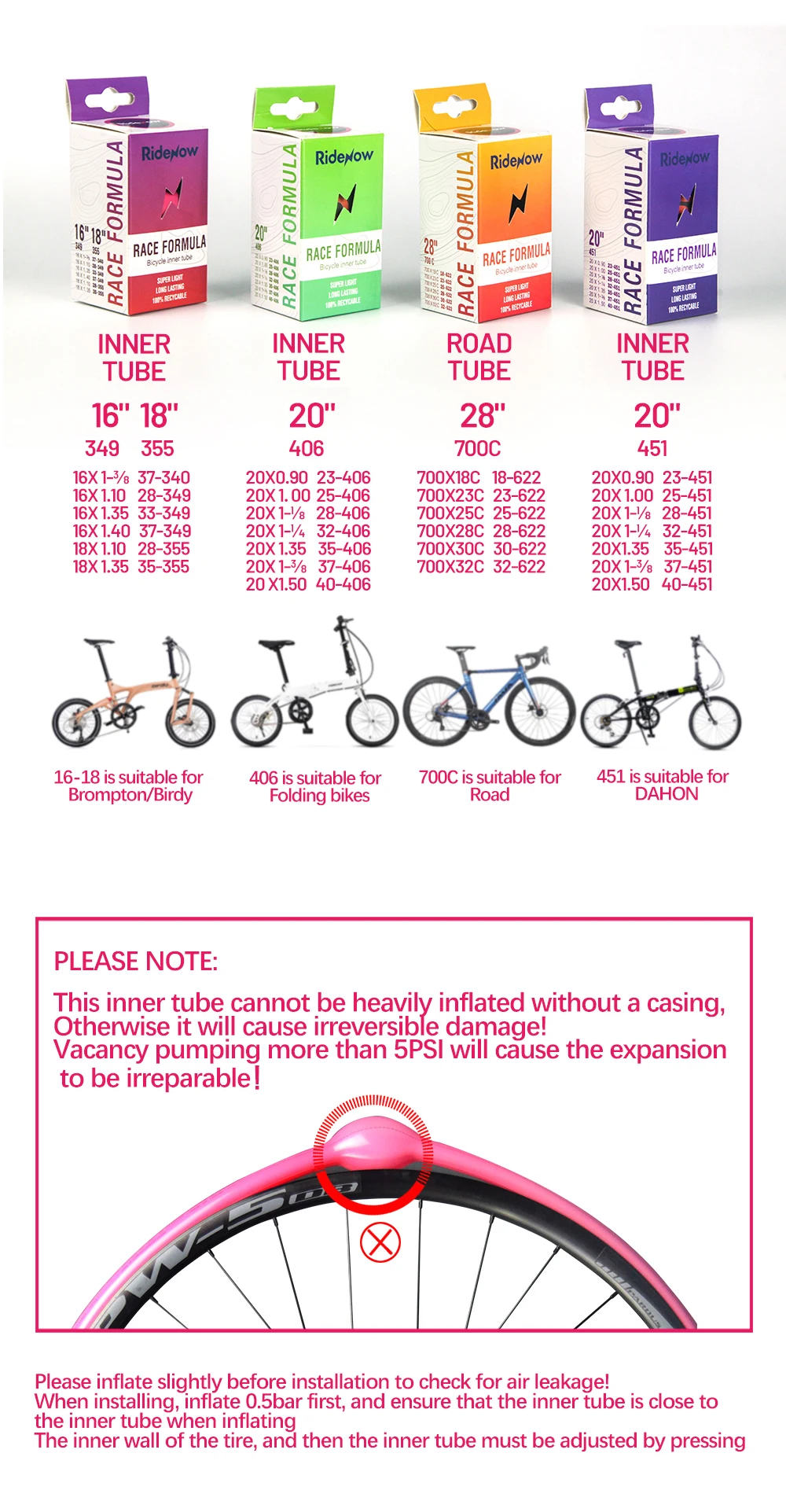 Ridenow Ultralight Bicycle Inner Tube Folding Bike Inner Tube Valve