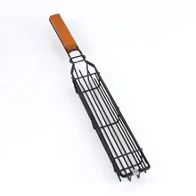 Outdoor stainless steel bbq grilling baskets bbq grill mesh net with wooden handle