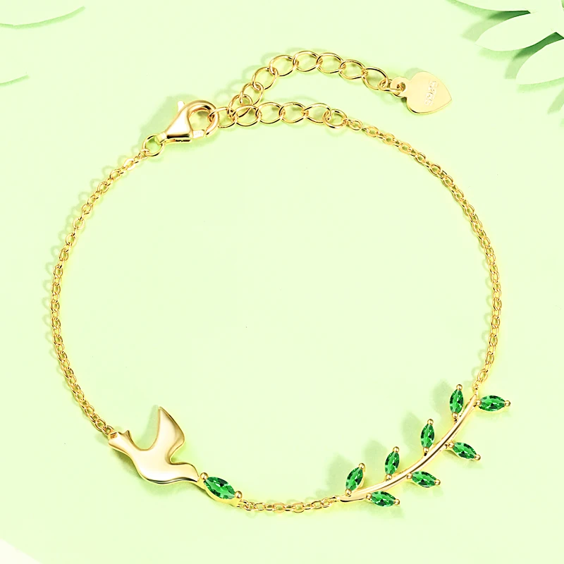 Jewelry 925 Sterling Silver Gold Plated Women Adjustable Designer Charm Peace Dove Green Leaf Bracel(图7)